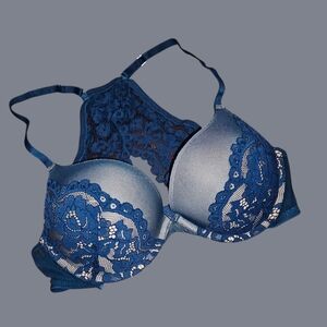 Frederick's Of Hollywood: Elegant Teal Blue Lace Pushup Bra 34B